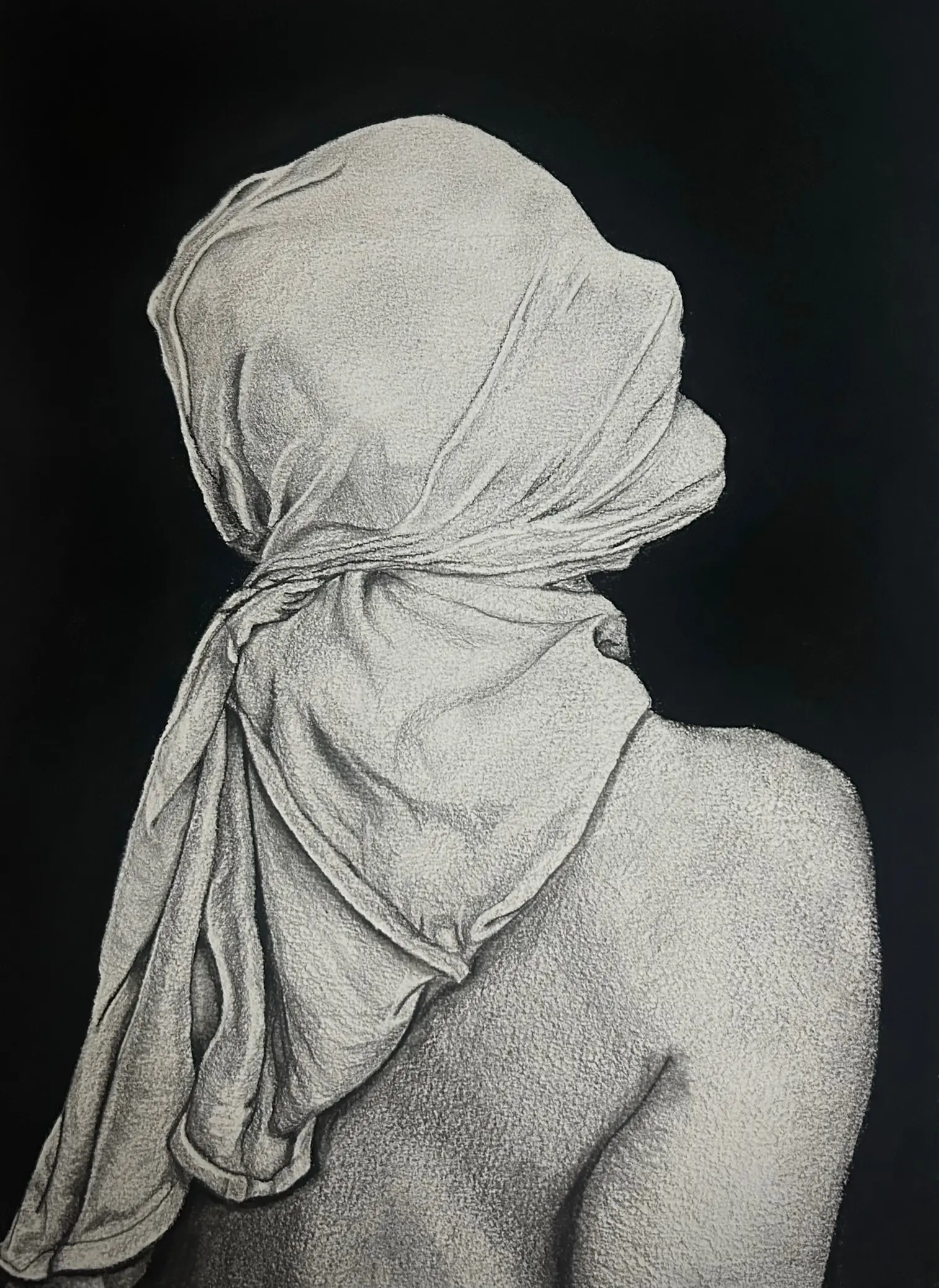 Black-and-white back-view figure study with the head and shoulders draped in cloth.