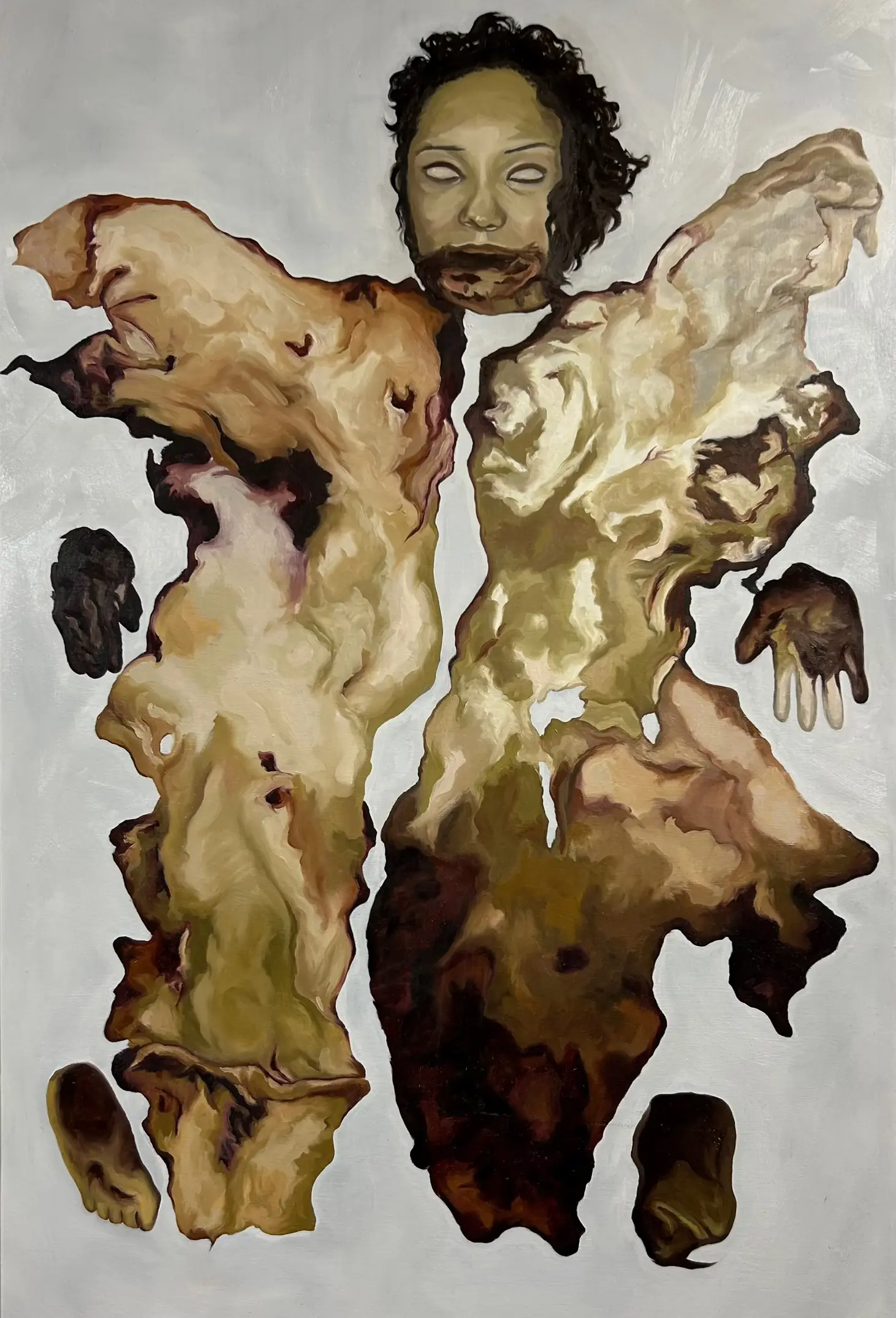 Standing painted figure surrounded by separated peeling forms, hands, and feet.