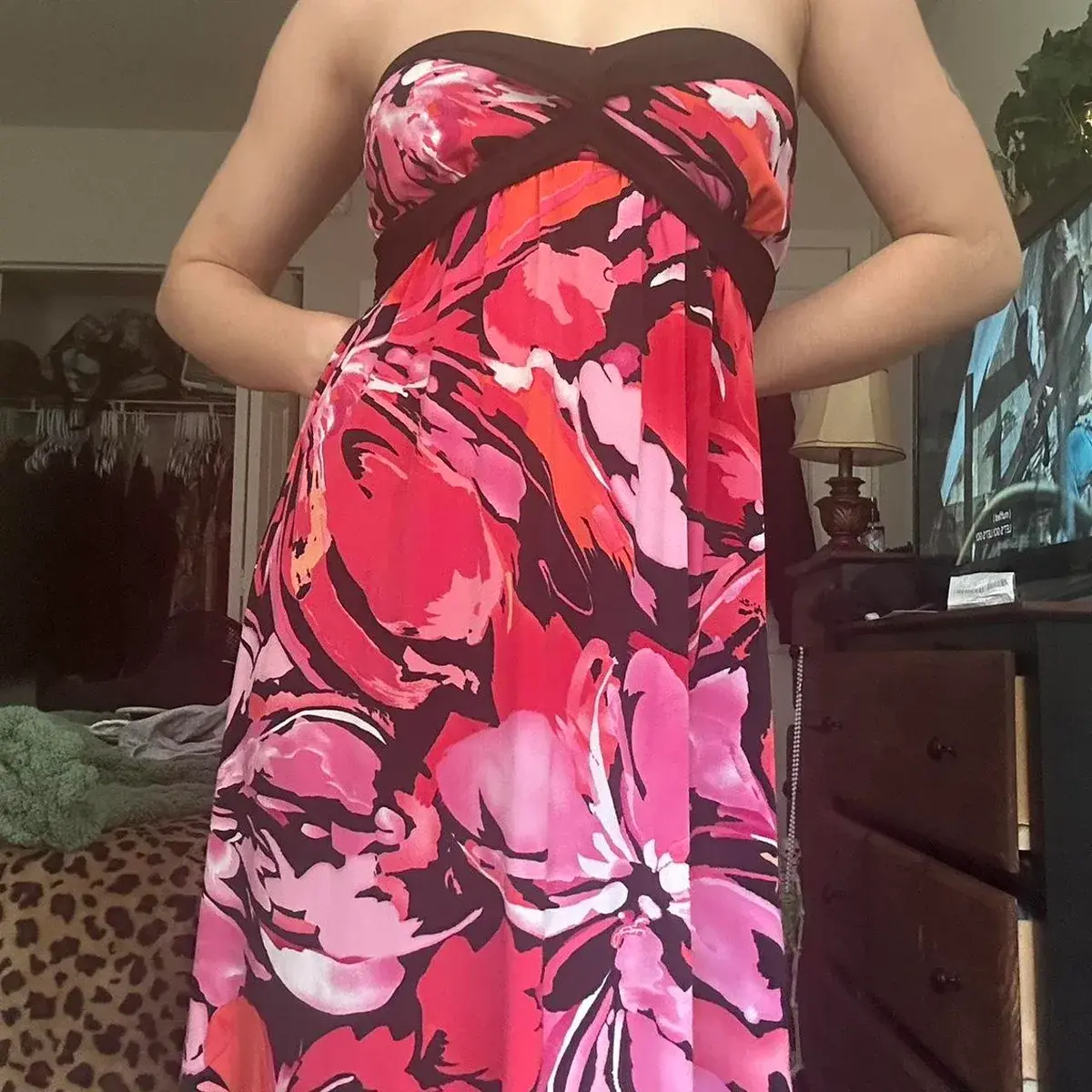 Pink Strapless Floral Dress listed by Kailey on Depop